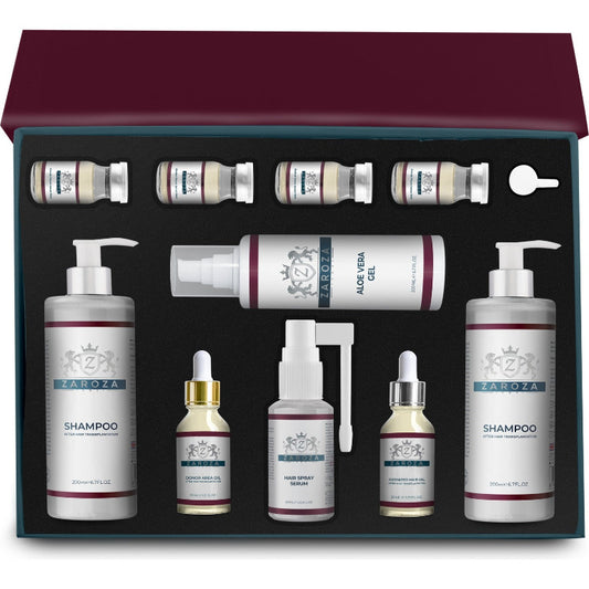 Discover the essential post-transplantation care with Zaroza 2 Months Hair Care Set. This set provides a comprehensive hair care routine for the crucial initial 2 months after a hair transplant, including shampoo, conditioner, serums, and supplements. Nurture your transplanted hair with Zaroza for optimal growth and health.